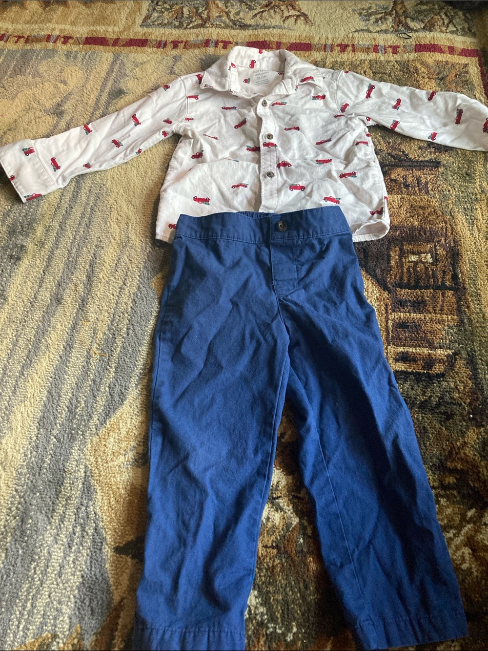Carter's White Button-Down Shirt with red truck and Christmas tree